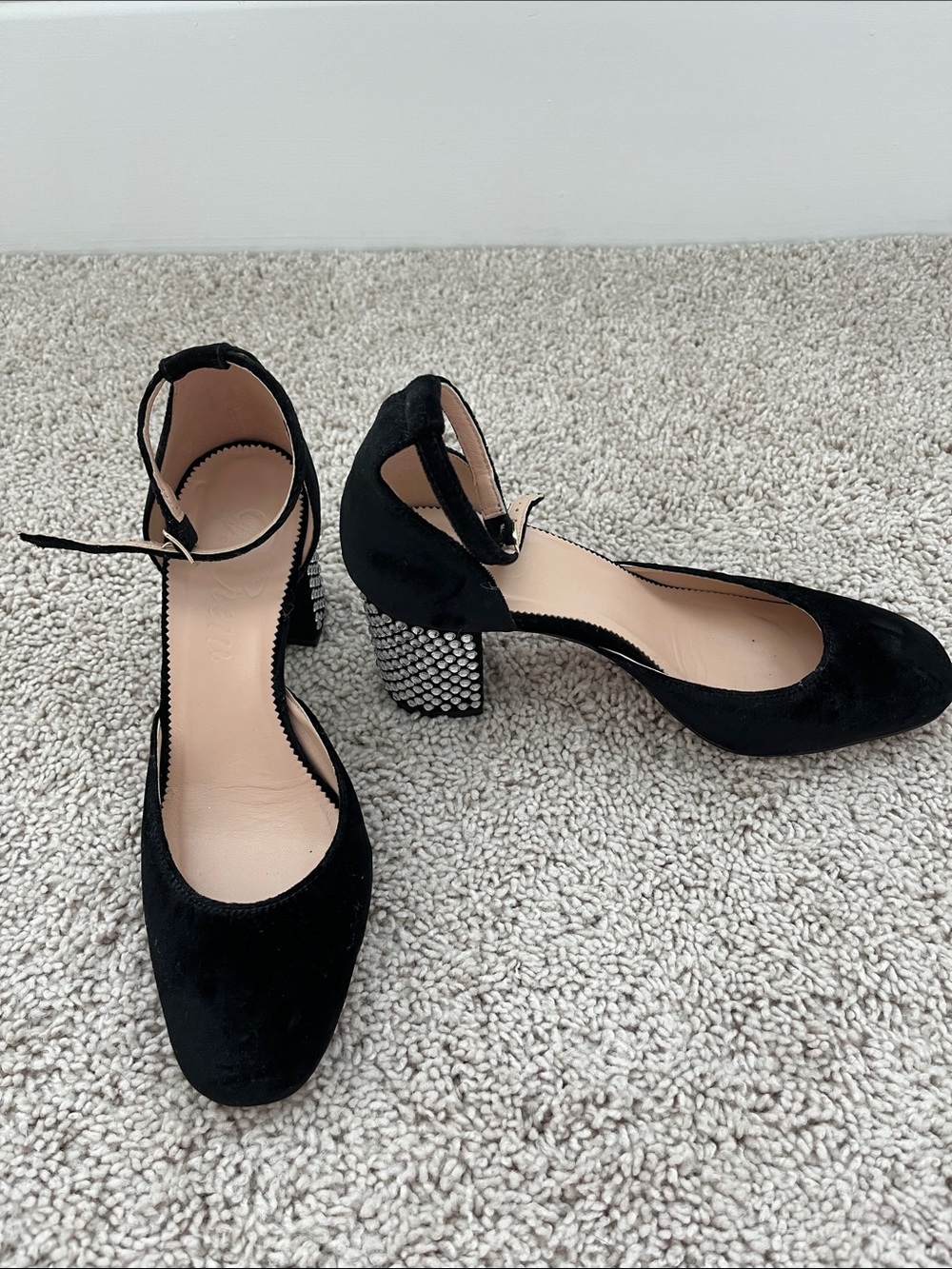 J. Crew Black Suede Ankle-Strap Block Heels with Rhinestone Heel